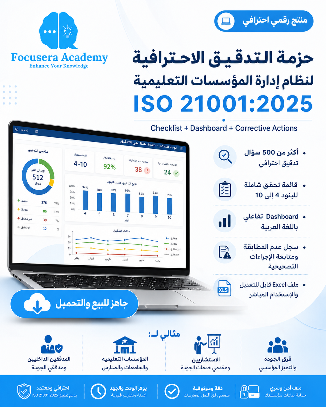 حزمة التدقيق الاحترافية لنظام إدارة المؤسسات التعليمية ISO 21001:2025 – قائمة تحقق عربية ولوحة مؤشرات تفاعلية